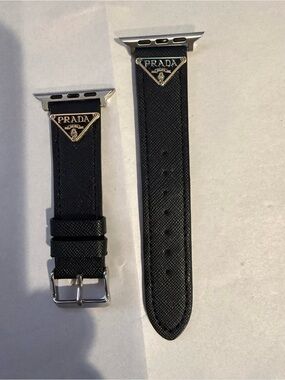 Custom Hand made Prada Black Textured Apple Watch Strap with Silver logo Unisex.